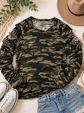 Camouflage Long Sleeve Top with Leopard Accents